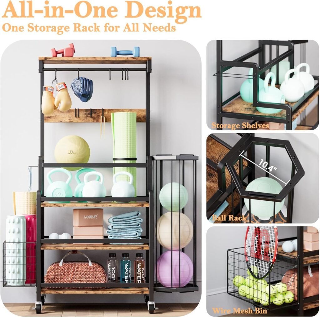 IRONCK Home Gym Storage Rack with Ball Cage, Yoga Mat Storage Racks for Dumbbells Kettlebells Foam Roller, Yoga Strap and Resistance Bands, Workout Equipment Storage Organizer With Hooks and Wheels