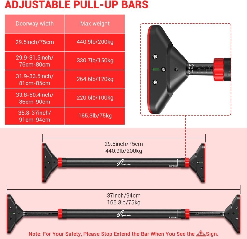 Sportneer Pull Up Bar: Strength Training Pull-up Bars without Screw - Adjustable Width Locking Mechanism Chin Up Bar, Thickened Steel Max Limit 440 lbs Upper Body Fitness Pullup Bars for Home