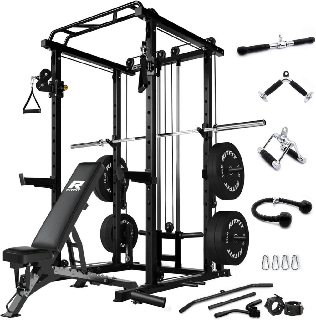 RitFit Multi-function Squat Rack Power Cage PPC03 with Cable Crossover System, 1000LBS Capacity Power Rack and Packages with Optional Weight Bench, Olympic Barbell Weight Set, for Garage  Home Gym