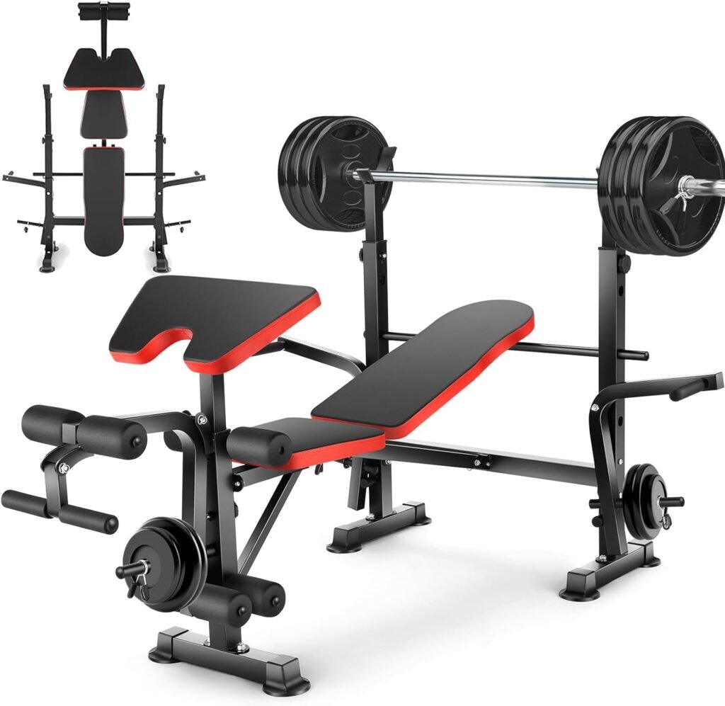 600lbs Adjustable Olympic Weight Bench Set with Preacher Curl  Leg Developer, Lifting Press Multifunctional Workout Station Incline Bench Press Full Body Workout