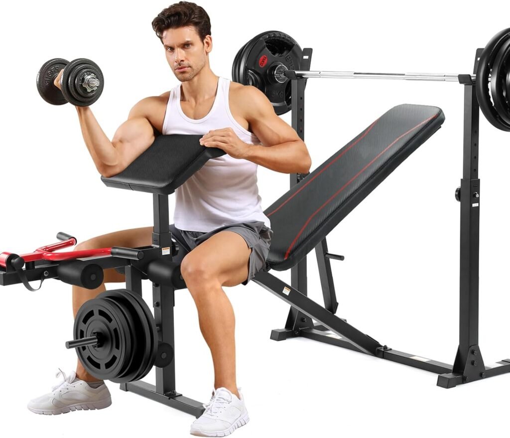 Aceshin Olympic Weight Bench, 900 LBS Adjustable Weight Bench and Squat Rack, Bench Press Set with Leg Extension, Preacher Curl Pad, Workout Bench for Home Gym