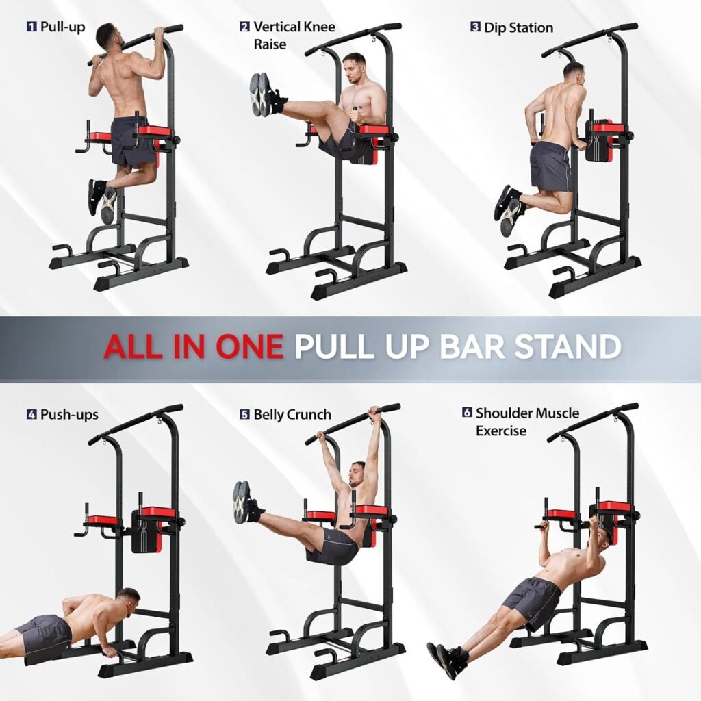 Pooboo Power Tower Dip Station, Pull Up Bar Stand for Fitness Home Gym Workout, Pull Up Dip Station, Multi-Function Power Tower Pull Up Bar,Adjustable Strength Training Fitness Equipment, 350LB Weight