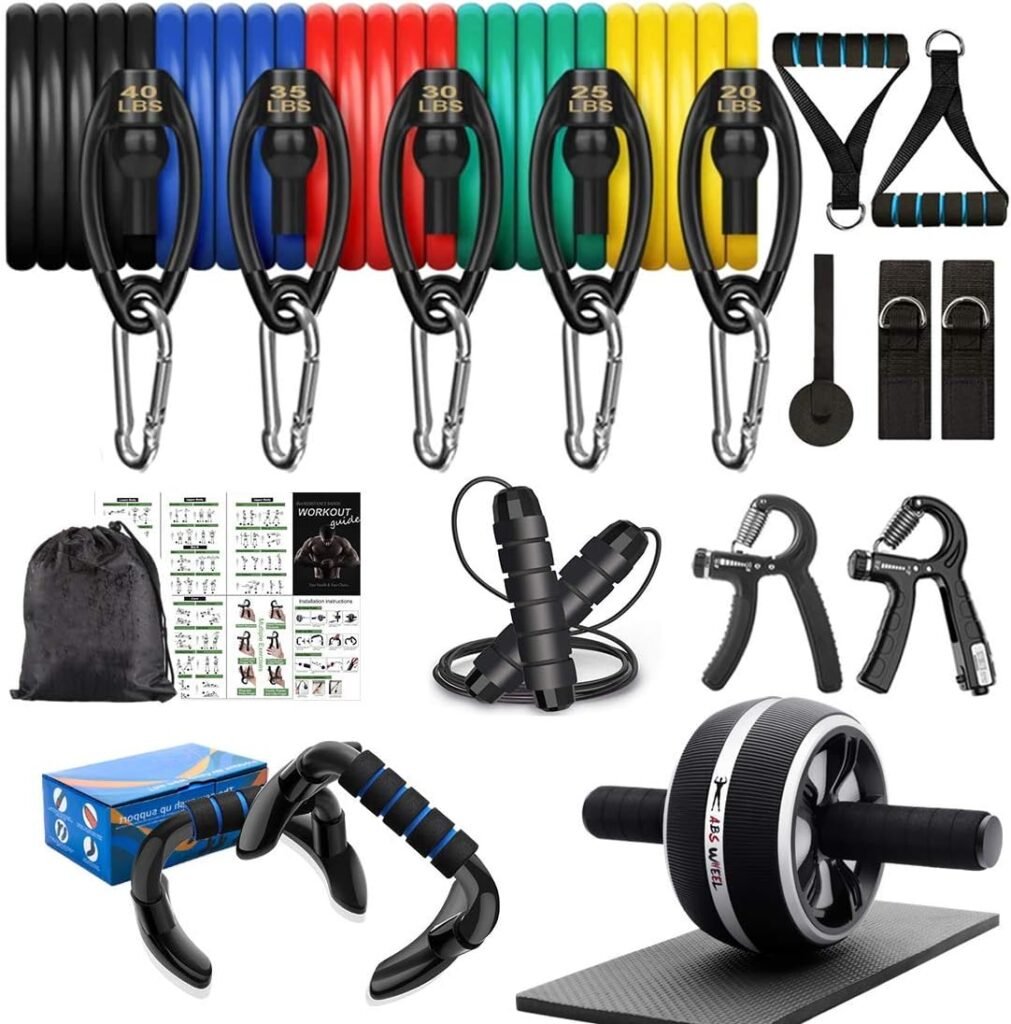 Resistance Bands Set Workout Bands，8-in-1 Ab Wheel Roller Kit with Knee Pad,Push Up Bars,Hand Grip Strengthener,Jump Rope,Home Gym Workout Exercise Equipment for Men Women