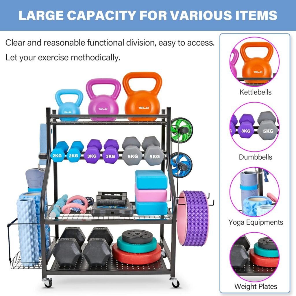 Dumbbell Rack, Yoga Mat Storage Rack - Weight Rack for Dumbbells, Home Gym Storage Rack for Yoga Mat, Dumbbells and Kettlebells, All in One Workout Equipment Storage with Caster Wheels