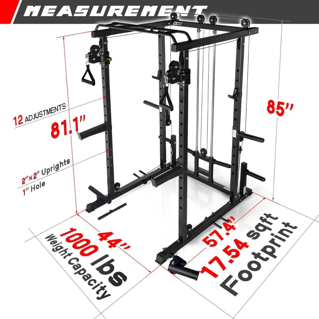 RitFit Power Cage with Optional LAT PullDown/Cable Crossover/Smith Machine System, 1000LB Squat Rack for Home  Garage Gym, with Weight Storage Rack and More Training Attachments, ASTM-Certified