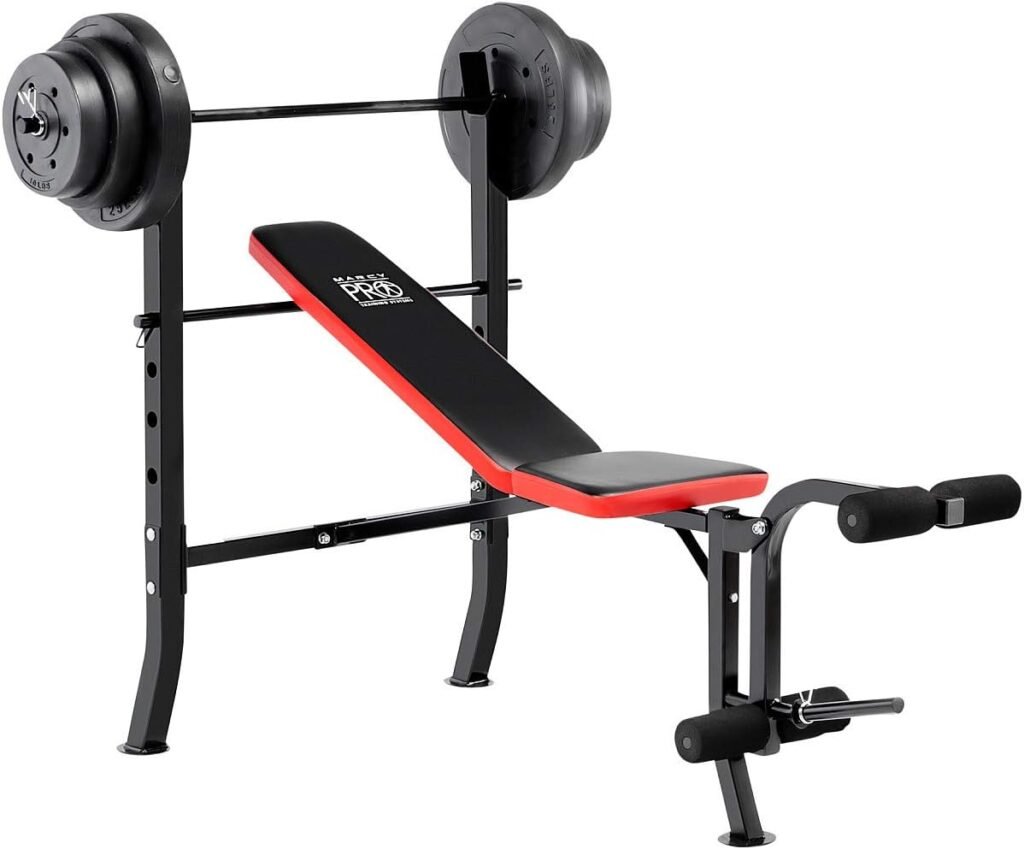 Marcy Standard Weight Bench with 80lbs to 100 lbs Vinyl-Coated Weight Set for Strength Training, Weight Lifting for Personal Home Gym